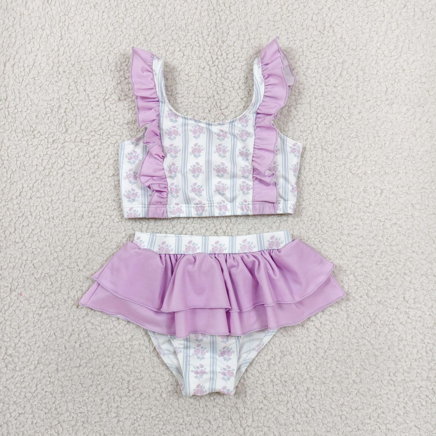S0644 Floral Purple Ruffle Sleeveless Bubble Bummies Girls Swim Sets Swimsuits 202606 RTS
