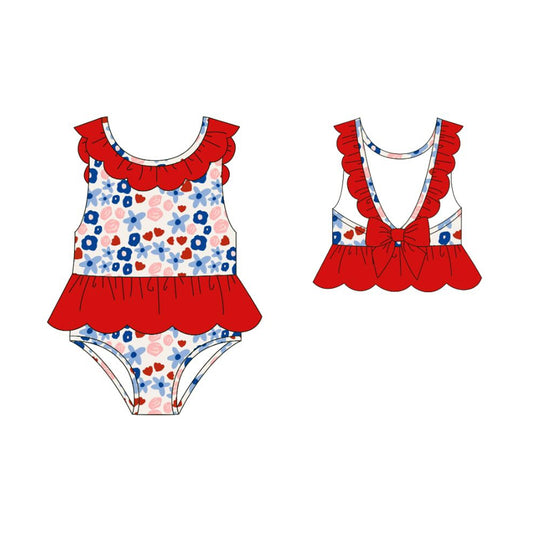 MOQ 5 PCS Preorder S0647 4th of July Flower Leopard Red Ruffle Sleeveless Bubble Romper Girls Swim Swimsuits 202511