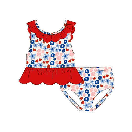MOQ 5 PCS Preorder S0648 4th of July Flower Leopard Red Ruffle Sleeveless Bubble Bummies Girls Swim Sets Swimsuits 202511