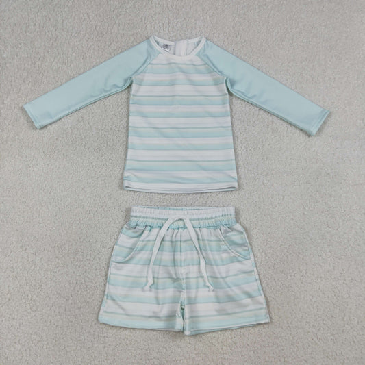 S0649 Colored Stripe Blue Green Long Sleeve Shorts Boys Swim Sets Swimsuits 202603 RTS