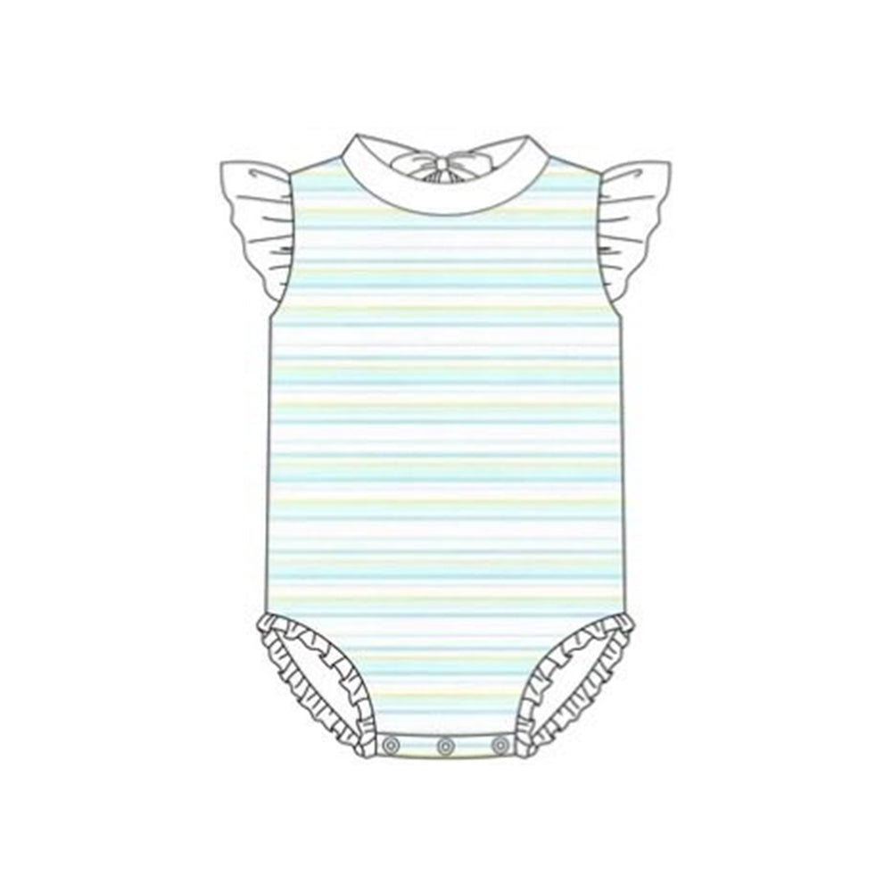 MOQ 5 PCS Preorder S0651 Blue Green Stripe White Flying Sleeve Bubble Romper Girls Swim Swimsuits 202511