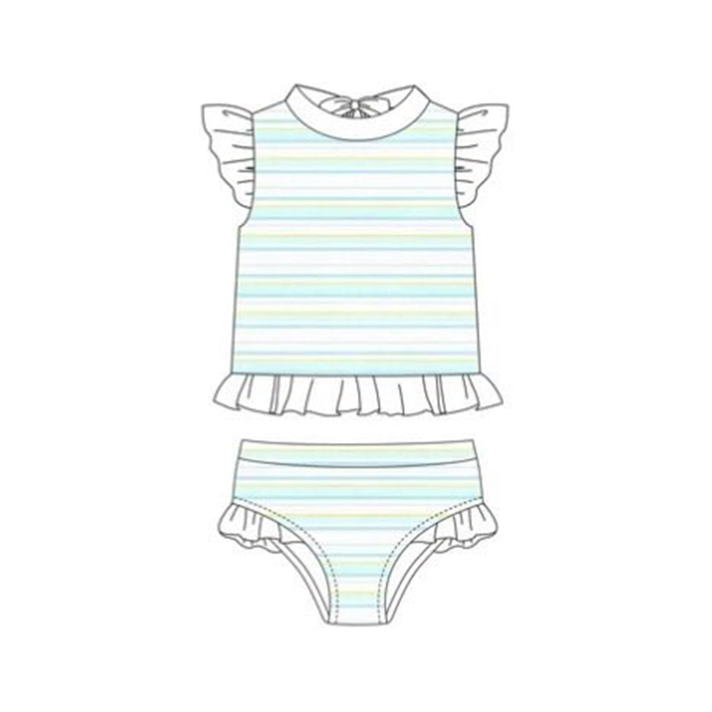 MOQ 5 PCS Preorder S0652 Blue Green Stripe White Flying Sleeve Bubble Bummies Girls Swim Sets Swimsuits 202511