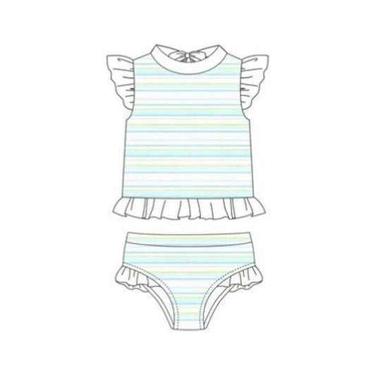 MOQ 5 PCS Preorder S0652 Blue Green Stripe White Flying Sleeve Bubble Bummies Girls Swim Sets Swimsuits 202511