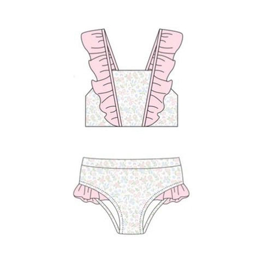 MOQ 5 PCS Preorder S0653 Floral Pink Ruffle Sleeveless Bubble Bummies Girls Swim Sets Swimsuits 202511