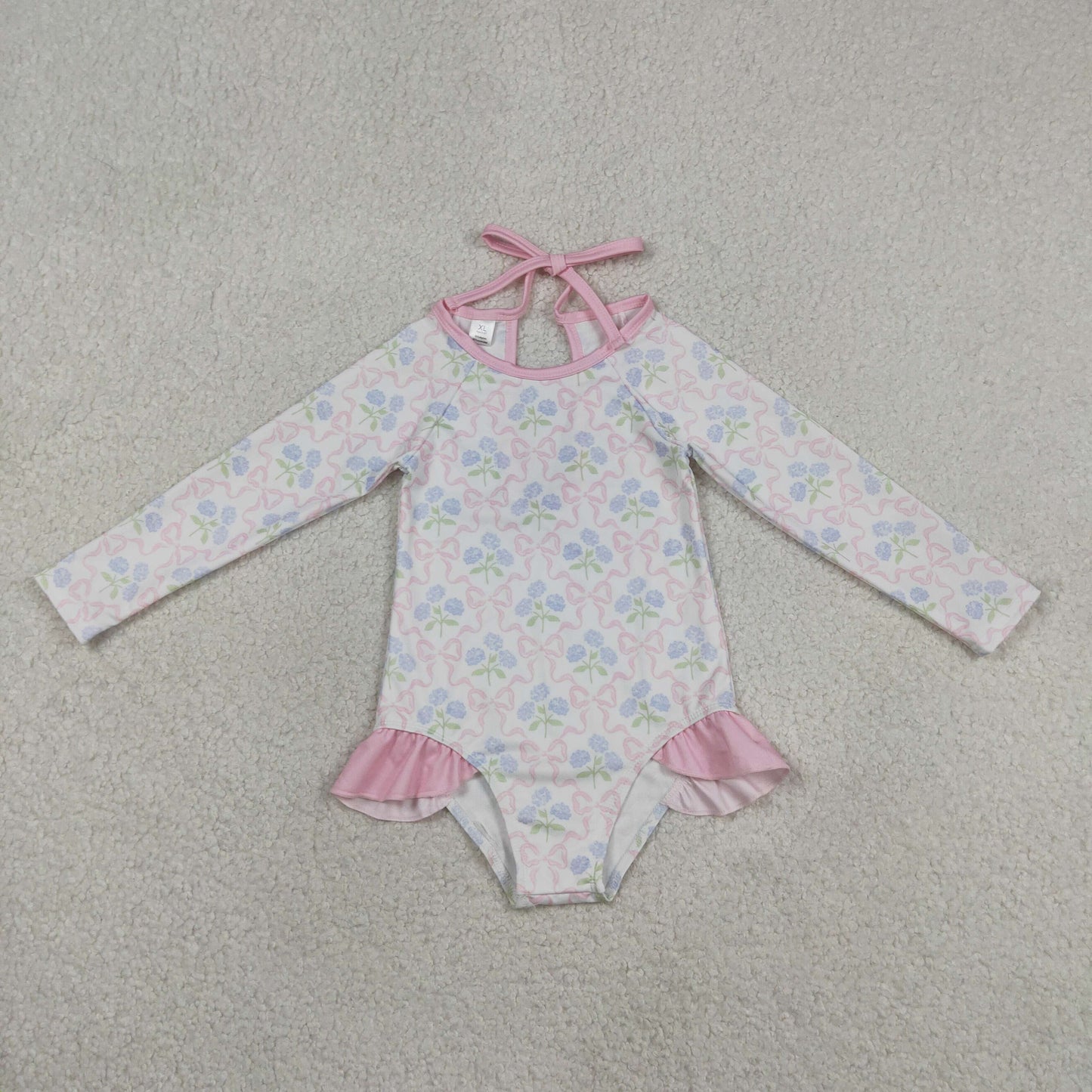 S0655 Flower Bows Long Sleeve Bubble Romper Girls Swim Swimsuits 202605 RTS
