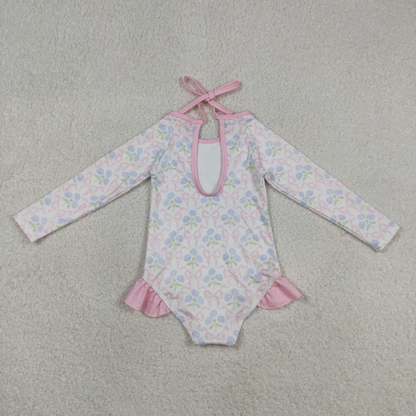 S0655 Flower Bows Long Sleeve Bubble Romper Girls Swim Swimsuits 202605 RTS