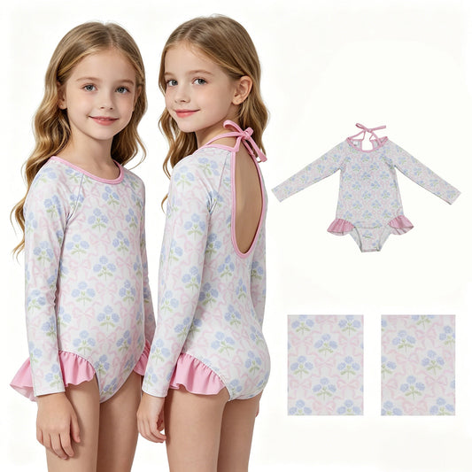 S0655 Flower Bows Long Sleeve Bubble Romper Girls Swim Swimsuits 202605 RTS