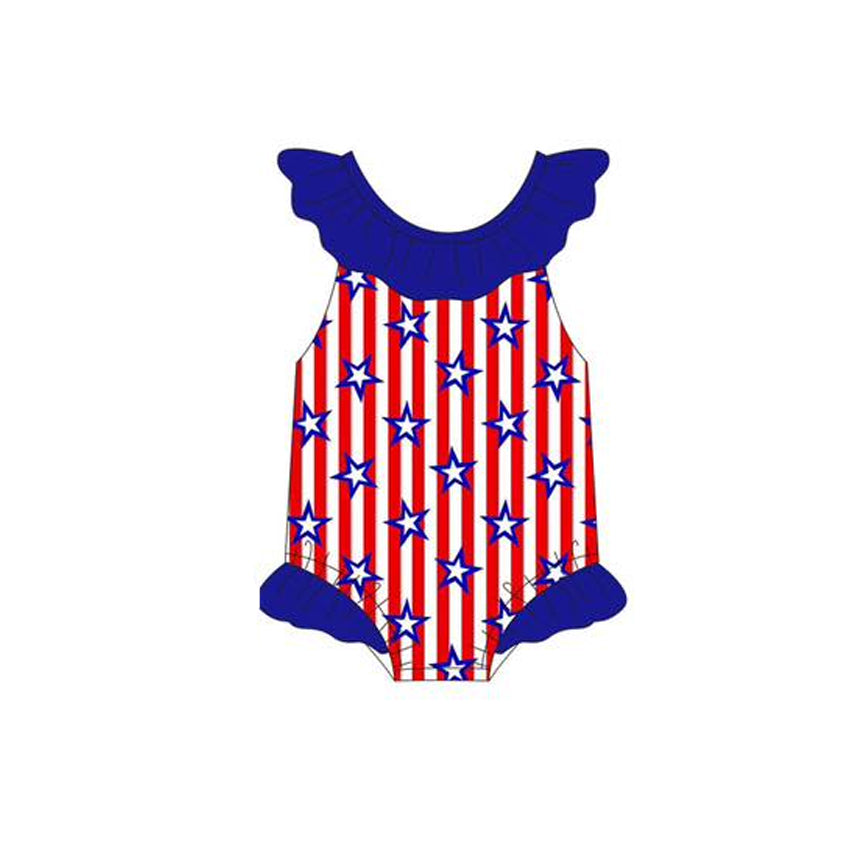 MOQ 5 PCS Preorder S0660 4th of July Star Stripe Blue Ruffle Flying Sleeve Bubble Romper Girls Swim Swimsuits 202511