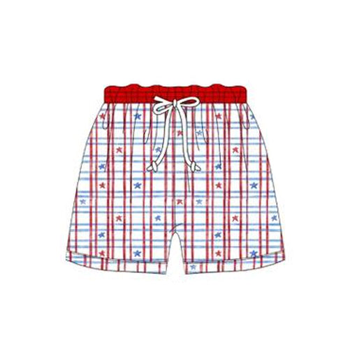 MOQ 5 PCS Preorder S0662 4th of July Star Red Blue Plaid Shorts Boys Swimming Trunks 202511