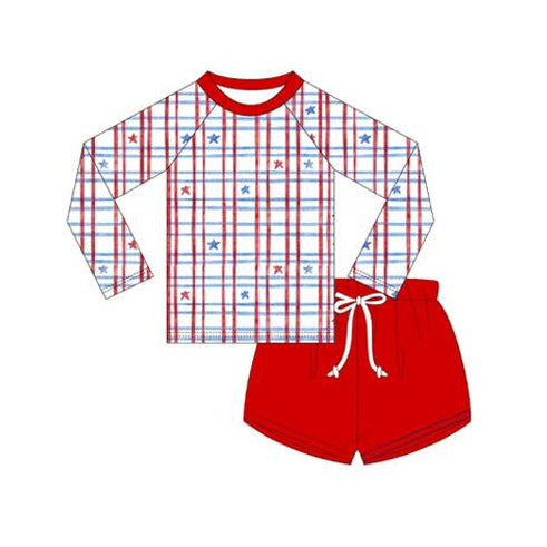 MOQ 5 PCS Preorder S0663 4th of July Red Blue Star Plaid Long Sleeve Top Shorts Boys Swim Sets Swimsuits 202511