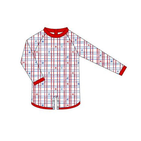 MOQ 5 PCS Preorder S0664 4th of July Red Blue Star Plaid Long Sleeve Boys Swim Romper Swimsuits 202511