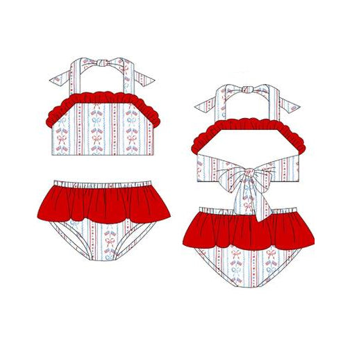 MOQ 5 PCS Preorder S0665 4th of July Flag Bows Stripe Red Ruffle Halter Top Bubble Bummies Girls Swim Sets Swimsuits 202511