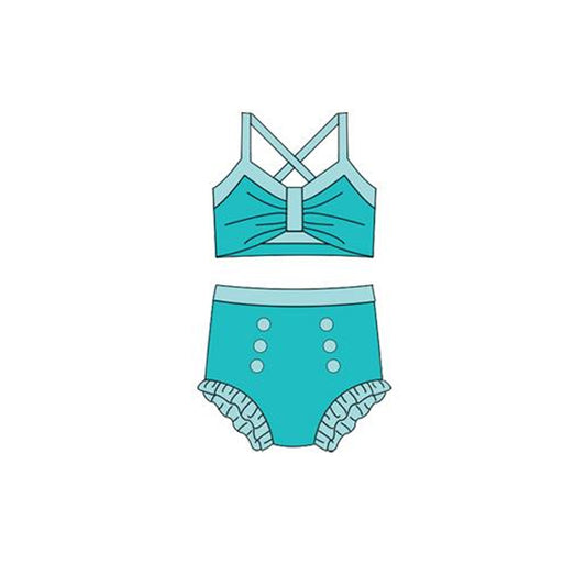 MOQ 5 PCS Preorder S0669 Blue Green Halter Top with Bubble Bummies Girls Swim Sets Swimsuits 202512