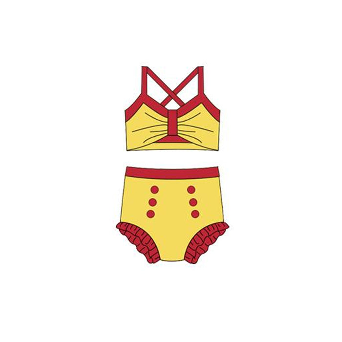 MOQ 5 PCS Preorder S0672 Red Yellow Halter Top with Bubble Bummies Girls Swim Sets Swimsuits 202512
