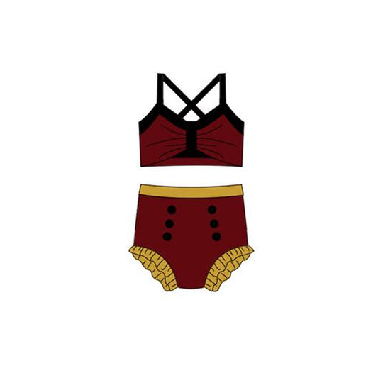 MOQ 5 PCS Preorder S0675 Dark Red Black Color-Blocked Halter Top with Bubble Bummies Girls Swim Sets Swimsuits 202512