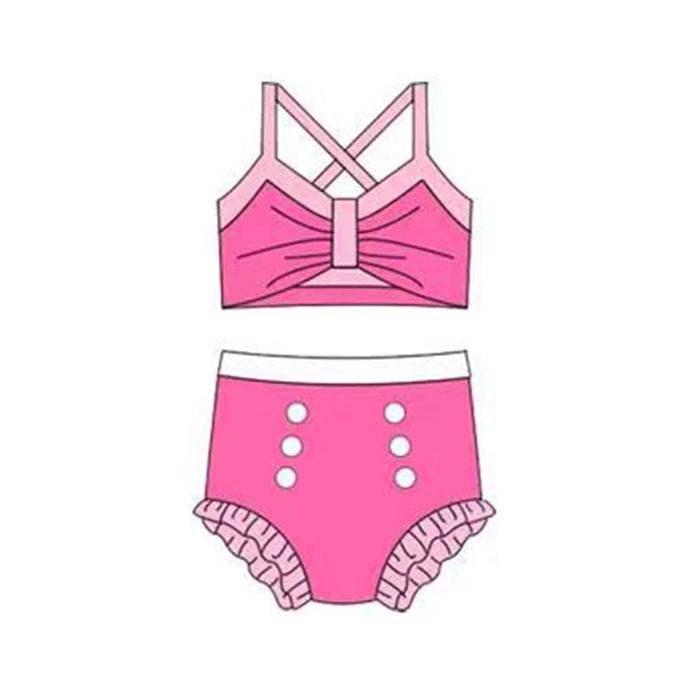 MOQ 5 PCS Preorder S0679 Pink Rose Red Color-Blocked Halter Top with Bubble Bummies Girls Swim Sets Swimsuits 202512