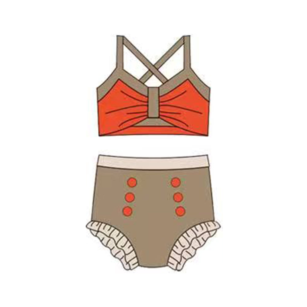 MOQ 5 PCS Preorder S0681 Orange Khaki Color-Blocked Halter Top with Bubble Bummies Girls Swim Sets Swimsuits 202512