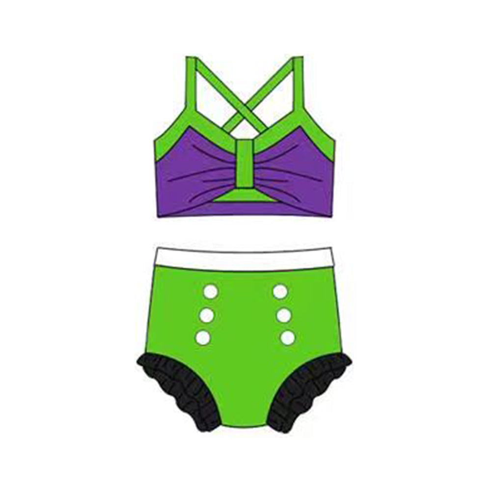 MOQ 5 PCS Preorder S0682 Green Purple Color-Blocked Halter Top with Bubble Bummies Girls Swim Sets Swimsuits 202512