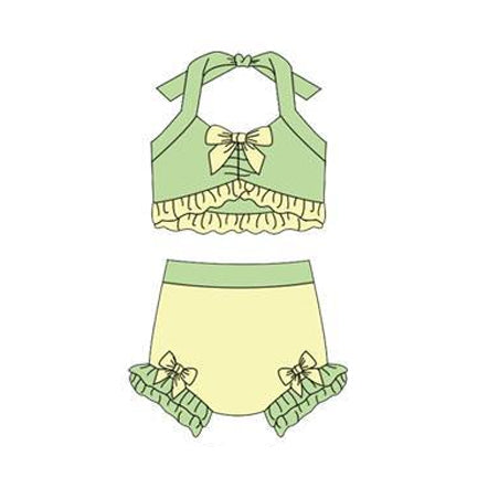 MOQ 5 PCS Preorder S0684 Yellow Green Ruffle Bows Color-Blocked Halter Top with Bubble Bummies Girls Swim Sets Swimsuits 202512
