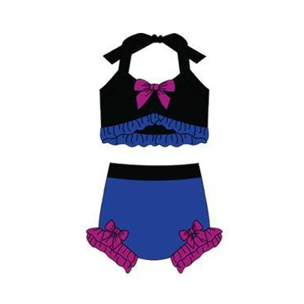 MOQ 5 PCS Preorder S0685 Black Blue Purple Ruffle Bows Color-Blocked Halter Top with Bubble Bummies Girls Swim Sets Swimsuits 202512