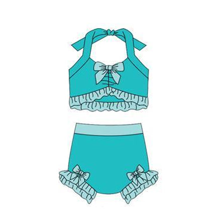 MOQ 5 PCS Preorder S0686 Blue Green Ruffle Bows Halter Top with Bubble Bummies Girls Swim Sets Swimsuits 202512