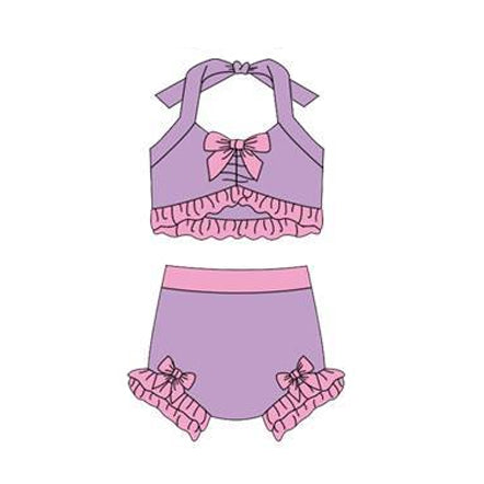 MOQ 5 PCS Preorder S0687 Purple Pink Ruffle Bows Color-Blocked Halter Top with Bubble Bummies Girls Swim Sets Swimsuits 202512