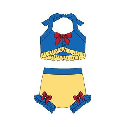 MOQ 5 PCS Preorder S0690 Blue Red Yellow Ruffle Bows Color-Blocked Halter Top with Bubble Bummies Girls Swim Sets Swimsuits 202512