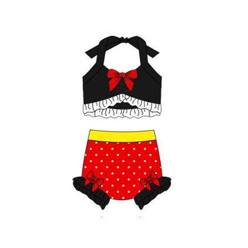 MOQ 5 PCS Preorder S0697 White Dots Ruffle Red Bow Black Color-Blocked Halter Top with Bubble Bummies Girls Swim Sets Swimsuits 202512
