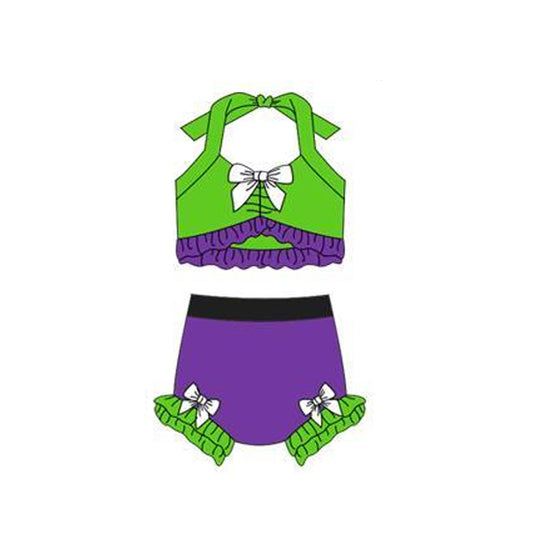 MOQ 5 PCS Preorder S0699 Green Purple Ruffle Bows Color-Blocked Halter Top with Bubble Bummies Girls Swim Sets Swimsuits 202512