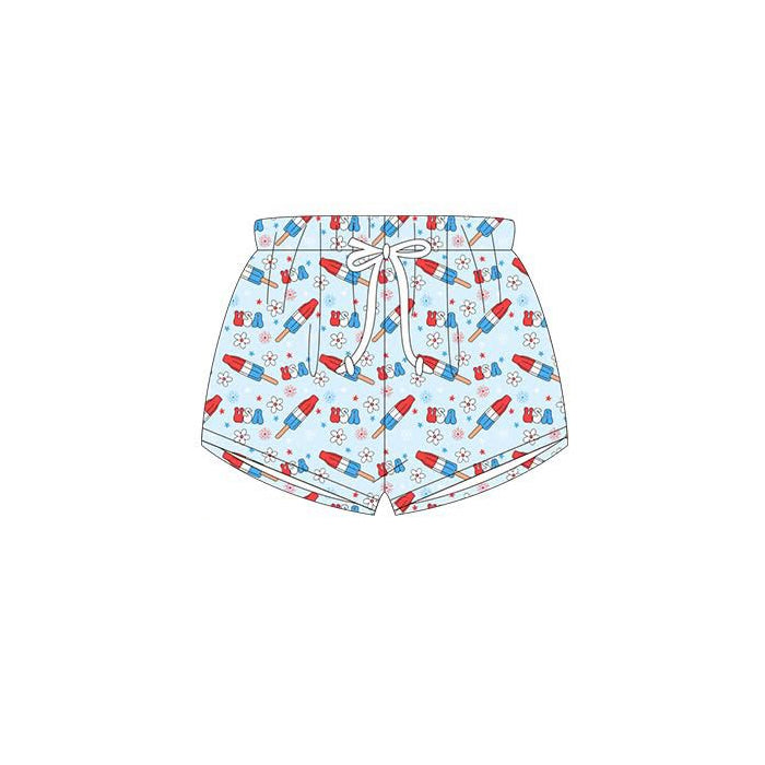 MOQ 5 PCS Preorder S0703 4th of July USA Flower Ice Cream Light Blue Shorts Boys Swimming Trunks 202512