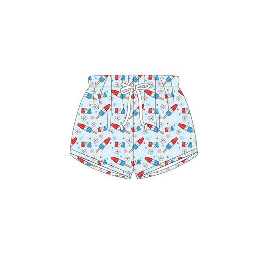 MOQ 5 PCS Preorder S0703 4th of July USA Flower Ice Cream Light Blue Shorts Boys Swimming Trunks 202512