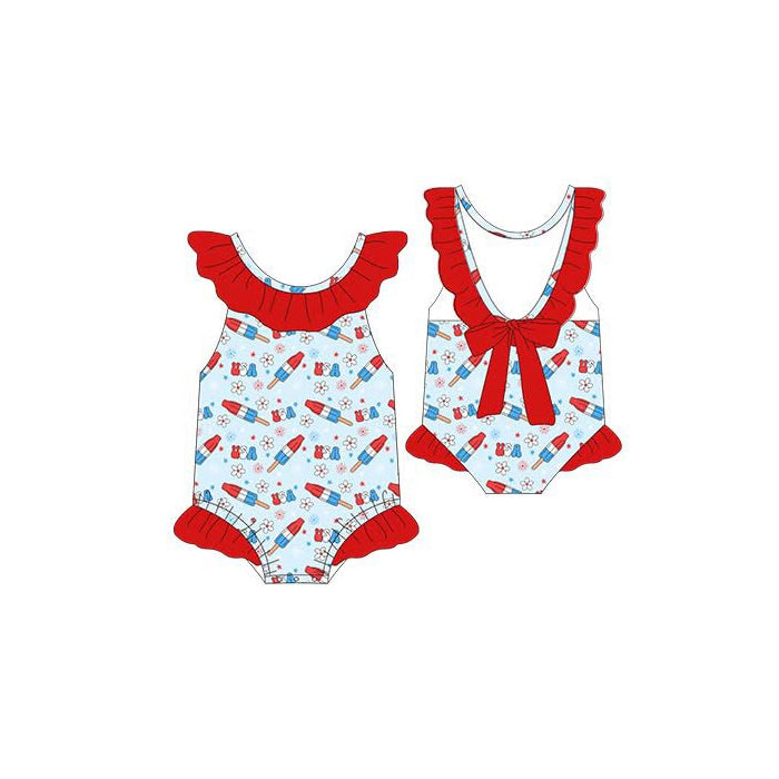 MOQ 5 PCS Preorder S0704 4th of July USA Flower Ice Cream Red Ruffle Sleeveless Swim Bubble Romper Girls Swimsuits 202512