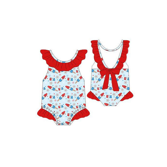 MOQ 5 PCS Preorder S0704 4th of July USA Flower Ice Cream Red Ruffle Sleeveless Swim Bubble Romper Girls Swimsuits 202512