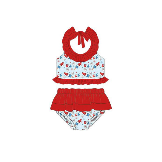 MOQ 5 PCS Preorder S0705 4th of July USA Flower Ice Cream Red Ruffle Halter Top Bubble Bummies Girls Swim Sets Swimsuits 202512