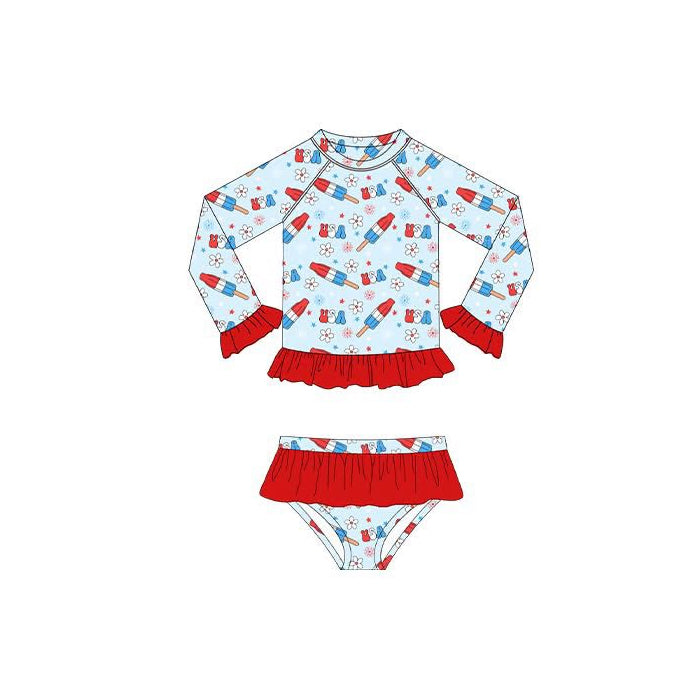 MOQ 5 PCS Preorder S0706 4th of July USA Flower Ice Cream Red Ruffle Long Sleeve Top Bubble Bummies Girls Swim Sets Swimsuits 202512
