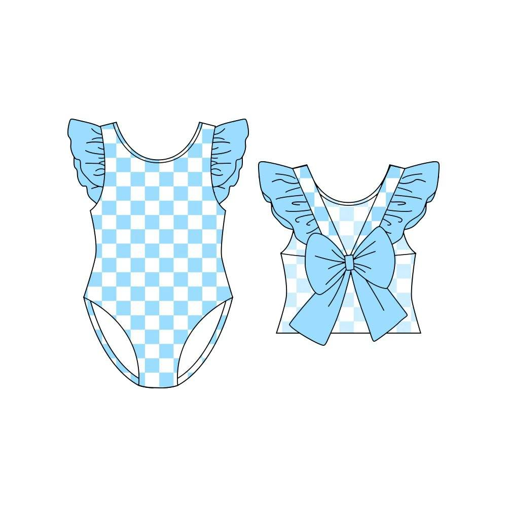 MOQ 5 PCS Preorder S0707 Blue White Plaid Ruffle Bows Flying Sleeve Swim Bubble Romper Girls Swimsuits 202601