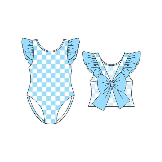 MOQ 5 PCS Preorder S0707 Blue White Plaid Ruffle Bows Flying Sleeve Swim Bubble Romper Girls Swimsuits 202601