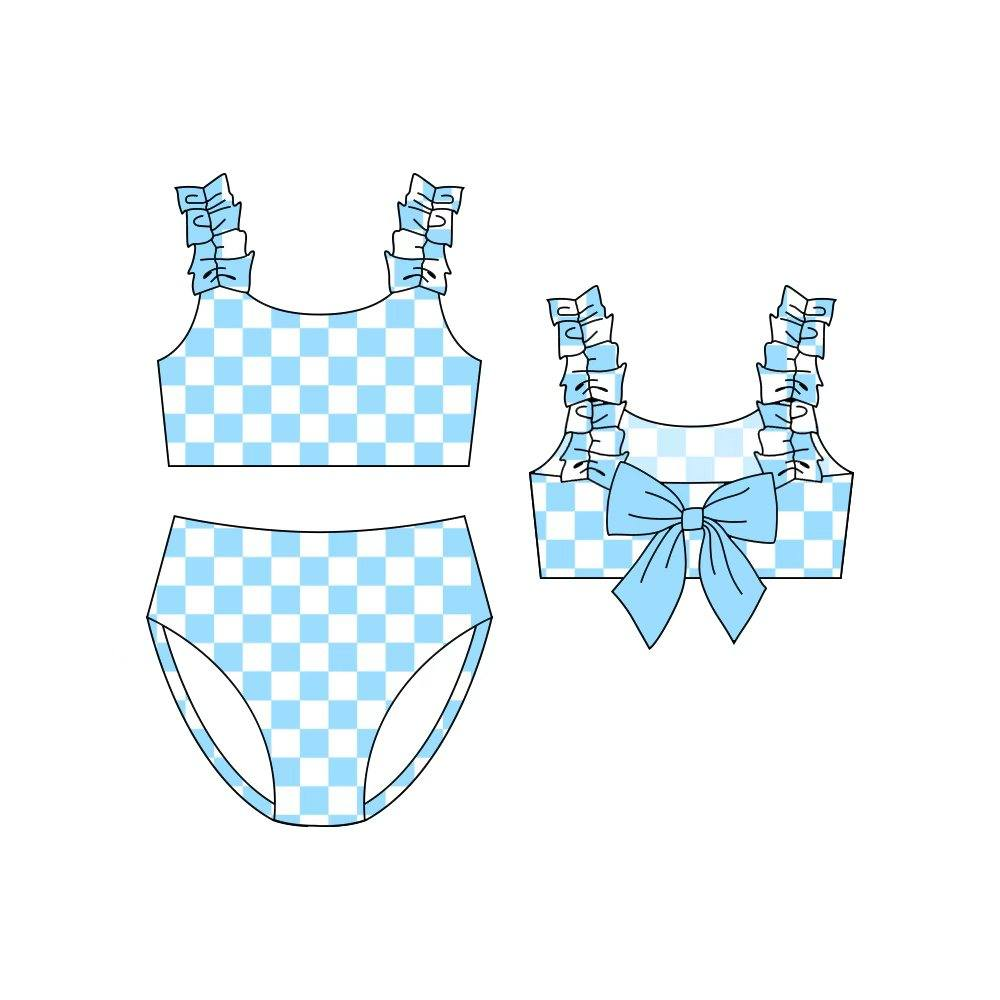 MOQ 5 PCS Preorder S0708 Blue White Plaid Ruffle Sleeveless Briefs Sets Girls Swimsuits 202601