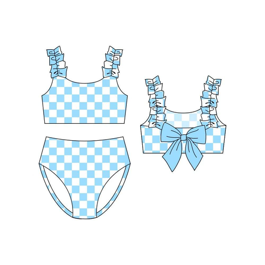 MOQ 5 PCS Preorder S0708 Blue White Plaid Ruffle Sleeveless Briefs Sets Girls Swimsuits 202601