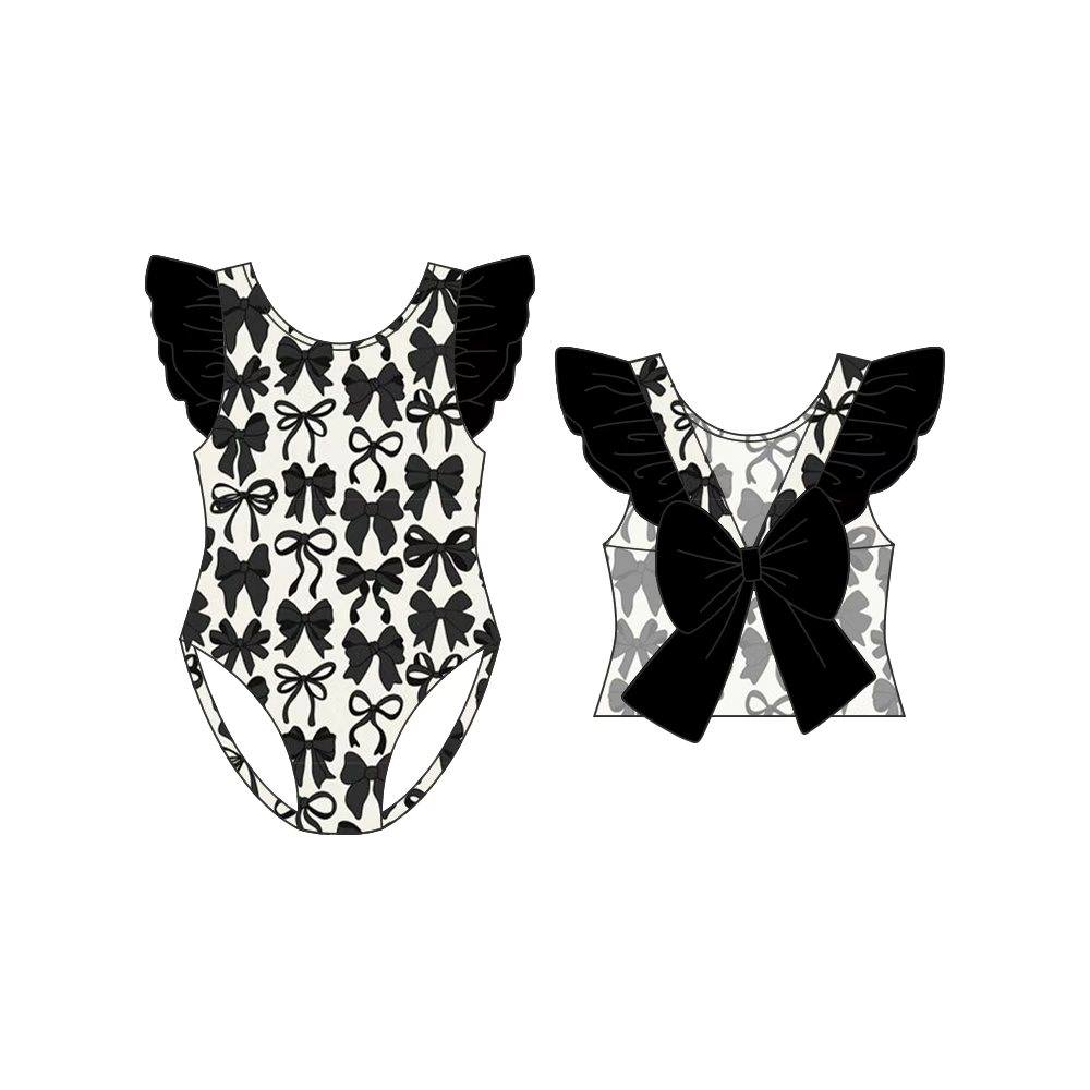 MOQ 5 PCS Preorder S0709 Black Bows Ruffle Flying Sleeve Swim Bubble Romper Girls Swimsuits 202601