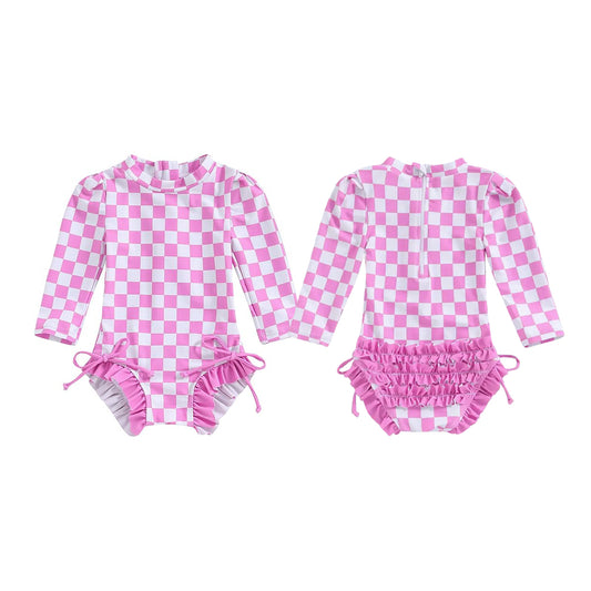 MOQ 5 PCS Preorder S0715 Rose Red Plaid Ruffle Zip Long Sleeve Bubble Romper Girls Swimsuits 202601