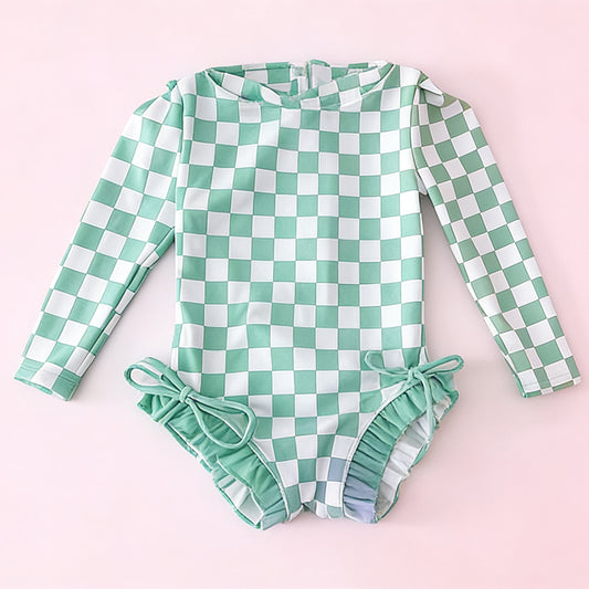 MOQ 5 PCS Preorder S0718 Pea Green Plaid Ruffle Zip Long Sleeve Bubble Romper Girls Swimsuits 202601