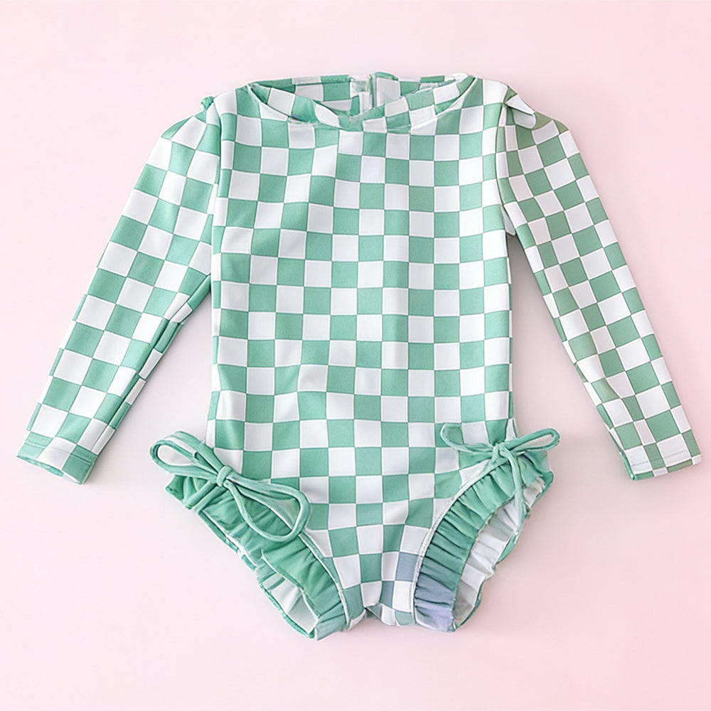 MOQ 5 PCS Preorder S0718 Pea Green Plaid Ruffle Zip Long Sleeve Bubble Romper Girls Swimsuits 202601