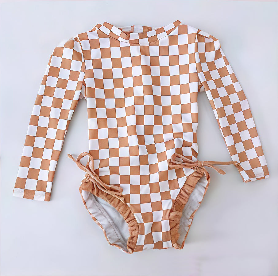 MOQ 5 PCS Preorder S0719 Orange Plaid Ruffle Zip Long Sleeve Bubble Romper Girls Swimsuits 202601