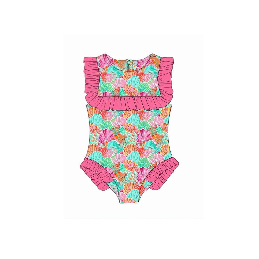 MOQ 5 PCS Preorder S0721 Colorful Seashell Rose Red Ruffle Sleeveless Bubble Romper Girls Swimsuits 202601
