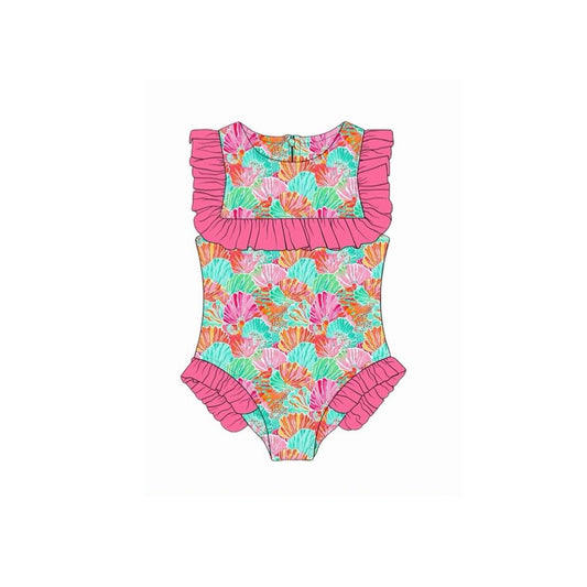 MOQ 5 PCS Preorder S0721 Colorful Seashell Rose Red Ruffle Sleeveless Bubble Romper Girls Swimsuits 202601