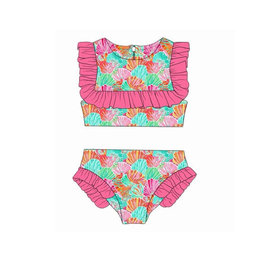 MOQ 5 PCS Preorder S0722 Colorful Seashell Rose Red Ruffle Sleeveless Top Bummies Girls Sets Swimsuits 202601