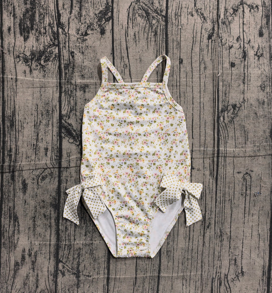 NO MOQ Preorder S0723 Floral Bows Beige Sleeveless Bubble Romper Girls Swimsuits 202602