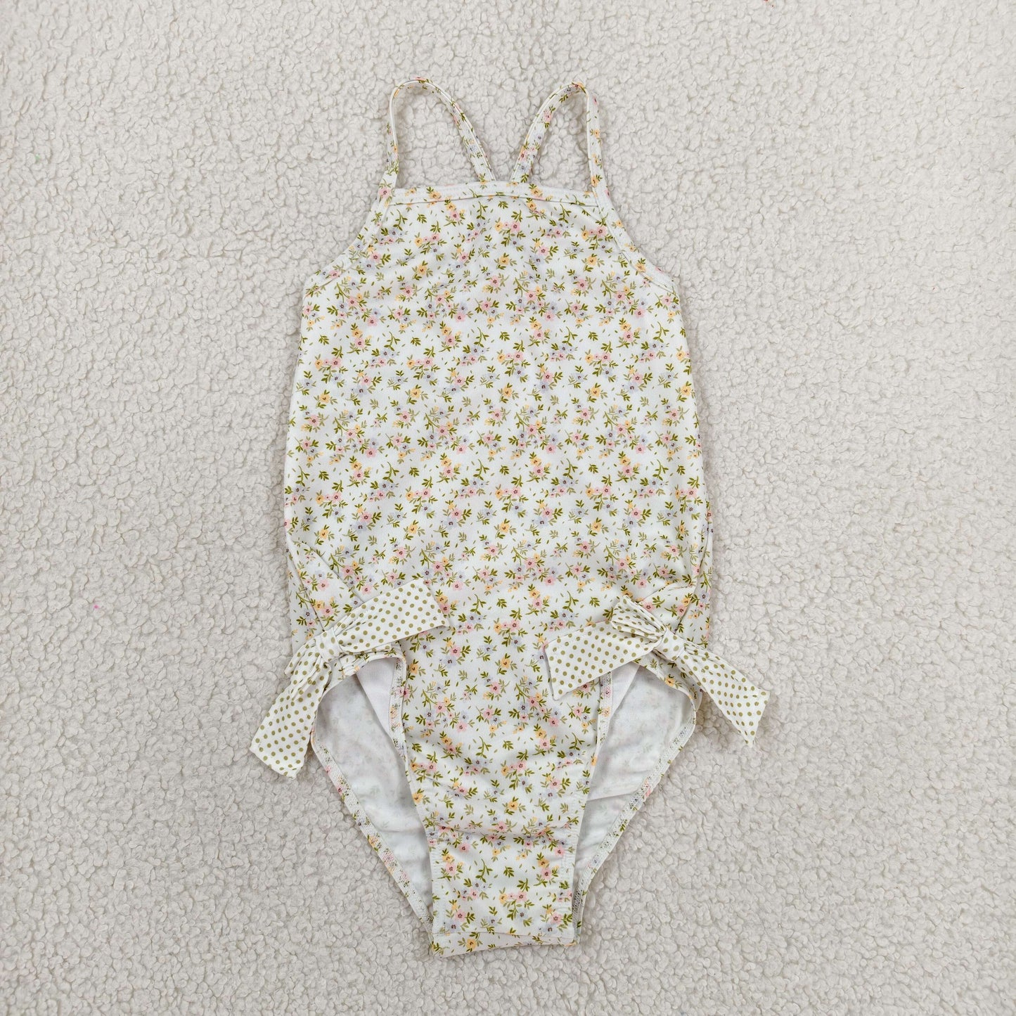 S0723 Floral Bows Beige Sleeveless Bubble Romper Girls Swimsuits 202606 RTS