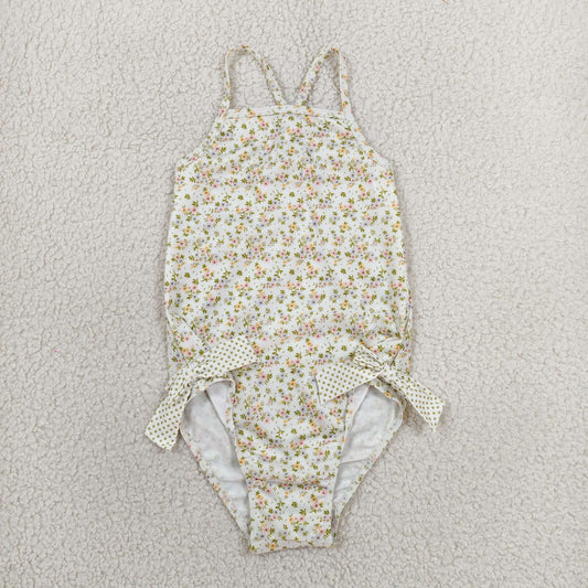 S0723 Floral Bows Beige Sleeveless Bubble Romper Girls Swimsuits 202606 RTS